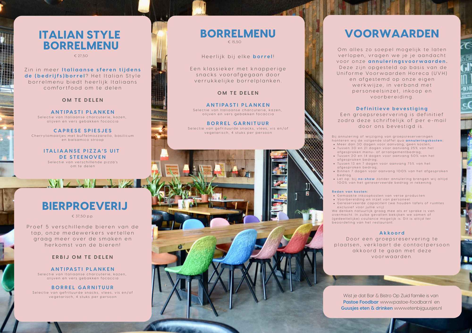 Overzicht van de groepsbrochure van Bar & Bistro Op Zuid, met arrangementen voor lunch, borrel en diner, inclusief informatie over escaperooms, suppen en zaalverhuur.