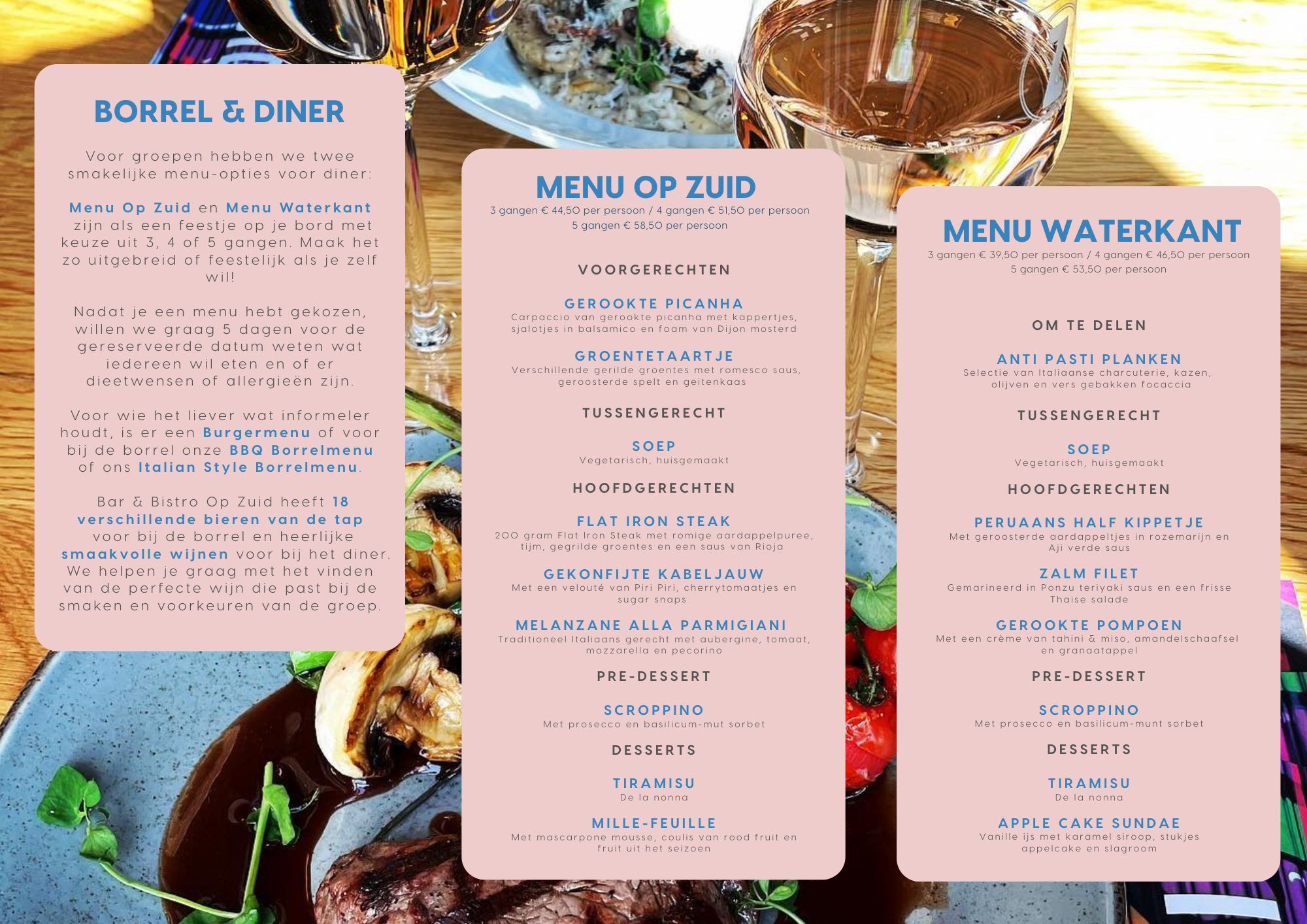 Overzicht van de groepsbrochure van Bar & Bistro Op Zuid, met arrangementen voor lunch, borrel en diner, inclusief informatie over escaperooms, suppen en zaalverhuur.