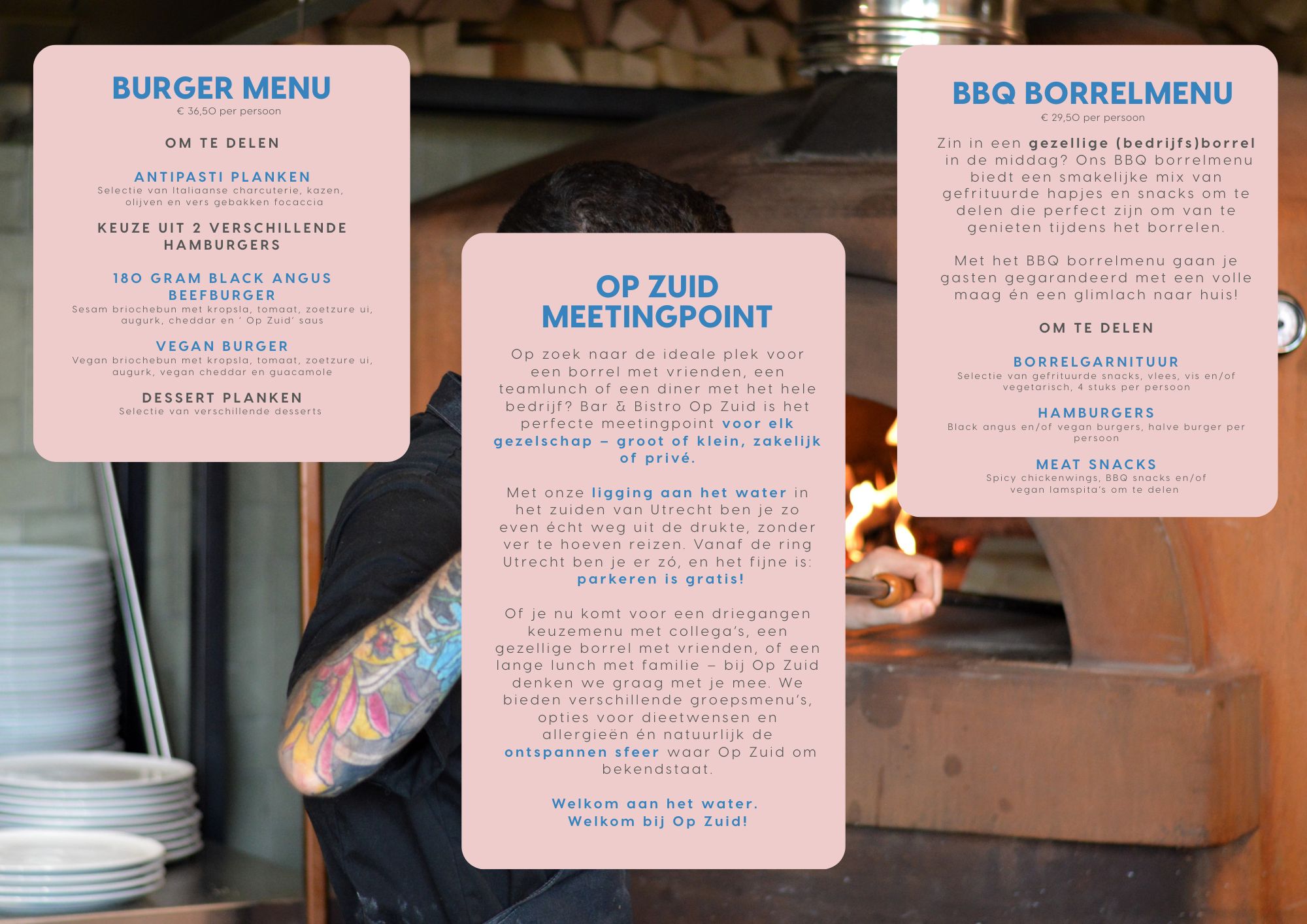 Overzicht van de groepsbrochure van Bar & Bistro Op Zuid, met arrangementen voor lunch, borrel en diner, inclusief informatie over escaperooms, suppen en zaalverhuur.