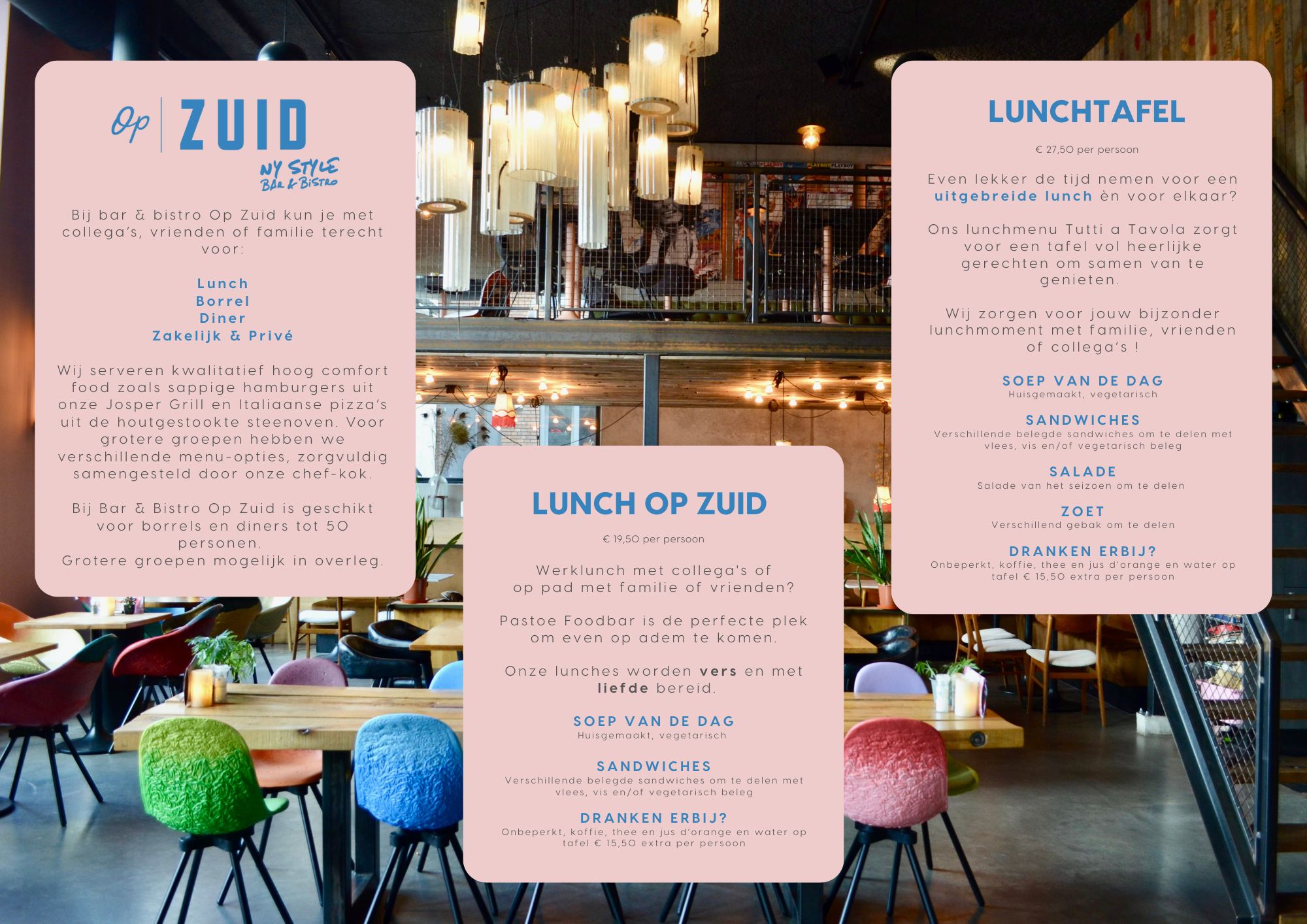 Overzicht van de groepsbrochure van Bar & Bistro Op Zuid, met arrangementen voor lunch, borrel en diner, inclusief informatie over escaperooms, suppen en zaalverhuur.